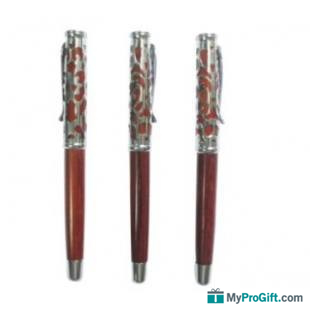Stylo à bille en bois avec bouchon métallique orné-100088